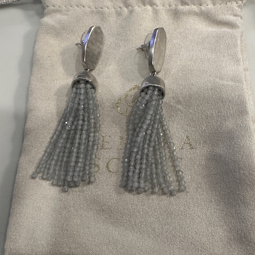 Kendra Scott Gray Beaded Tassel Silver Drop Earrings